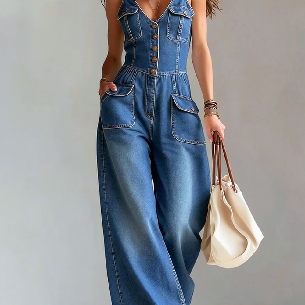 Jumpsuit Linen Relaxed - Womens Casual Washed Denim Jumpsuit Sleeveless